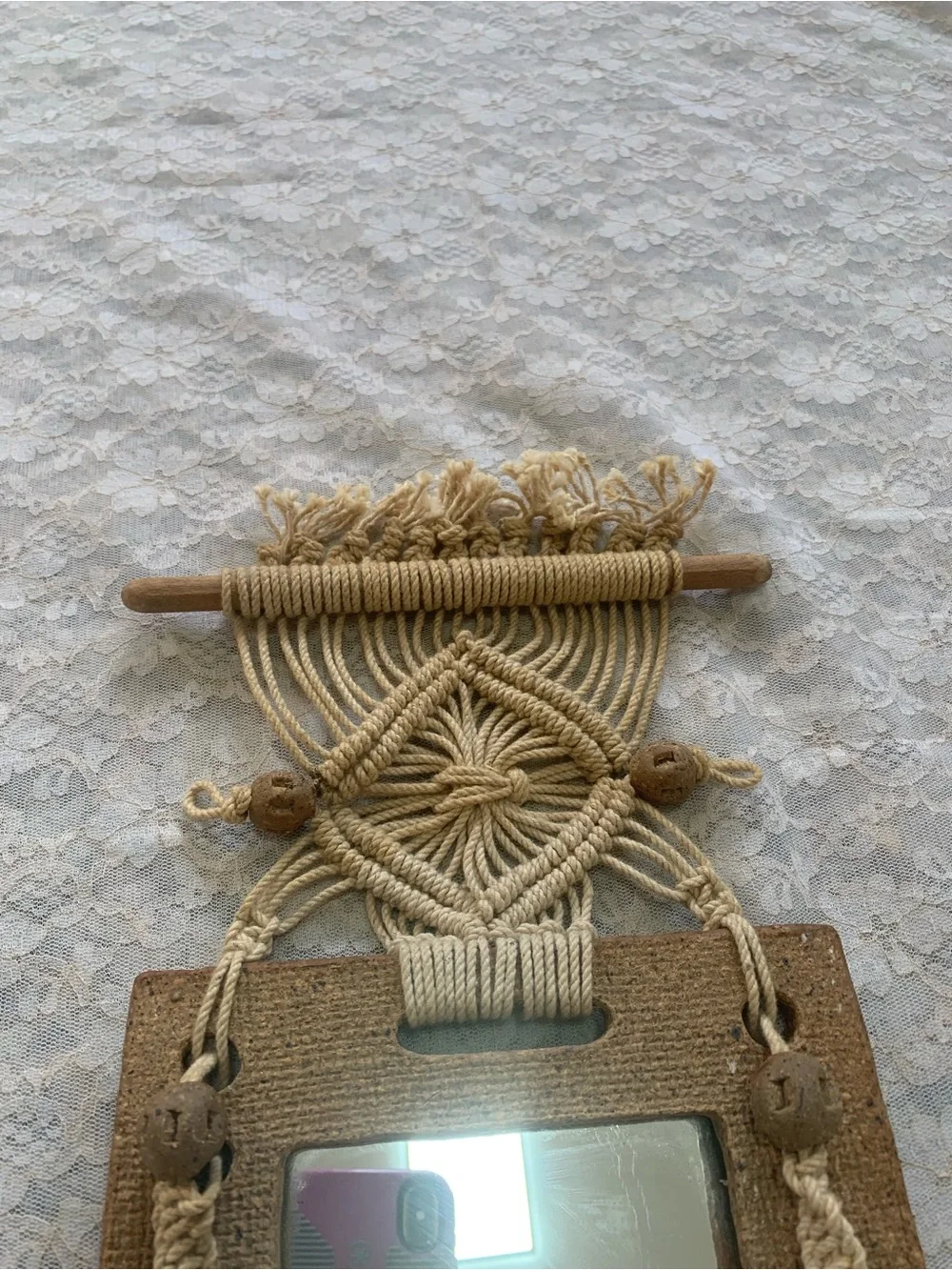 Vintage Boho Macrame Mirror Wall Hanging Textured Craft Frame & Tassels Decor